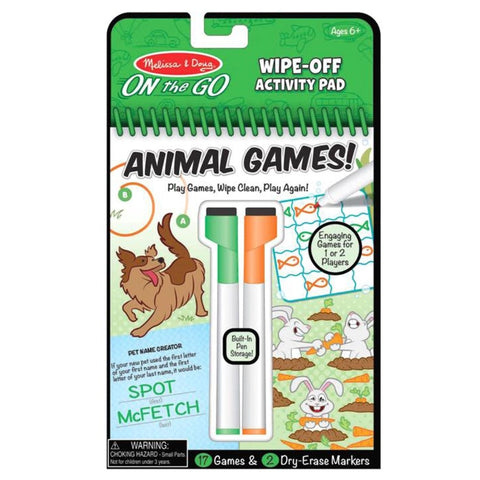 Animal Games Wipe-Off Activity Pad- On the Go Travel Activity